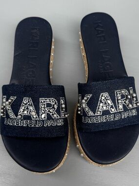 Karl Lagerfeld Navy Rhinestone Logo sandals with Glitter Trim